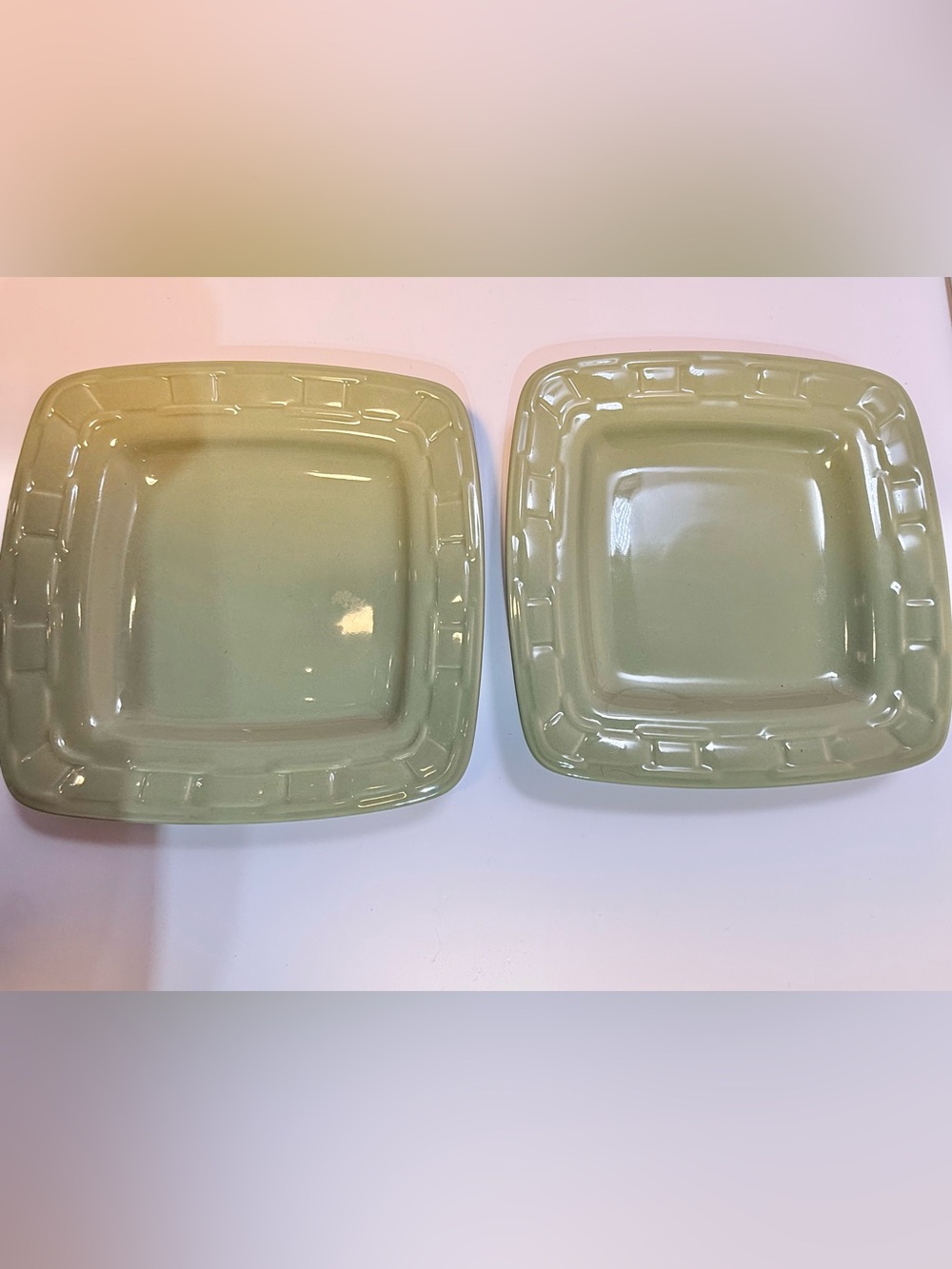 Longaberger Woven Traditions Square Bread Plates (2)  Sage Green 7 1/4"